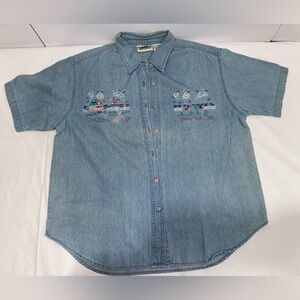 Vintage Northern Reflections Light Blue Denim Embroidered Button Down Shirt Sz M